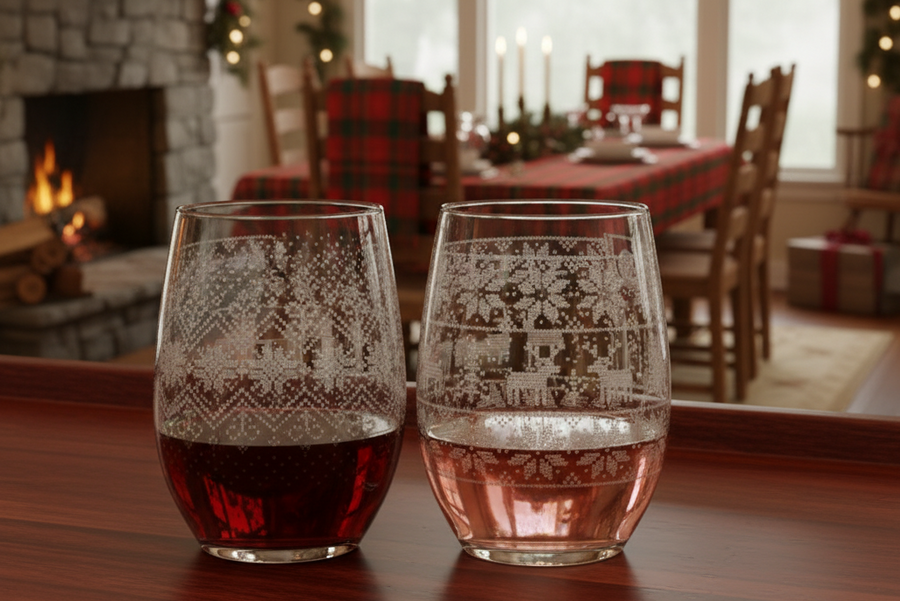 Seasonal Sweater - Etched Stemless Wine Glasses - Set of 4