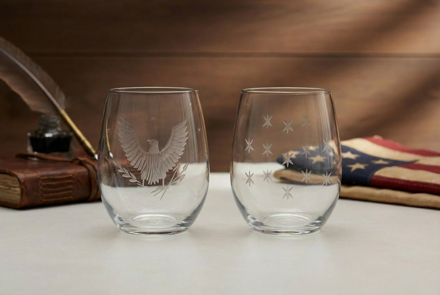 Hand Carved Patriotic Stemless Wine Glass