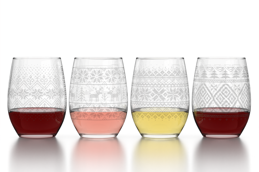 Seasonal Sweater - Etched Stemless Wine Glasses - Set of 4