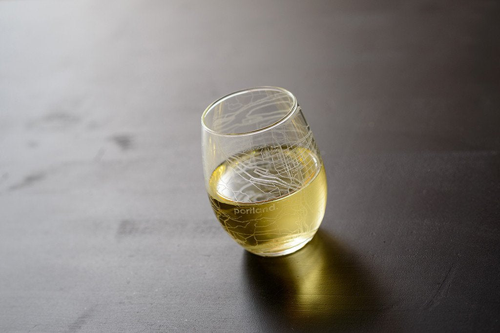 Portland OR Map Stemless Wine Glass