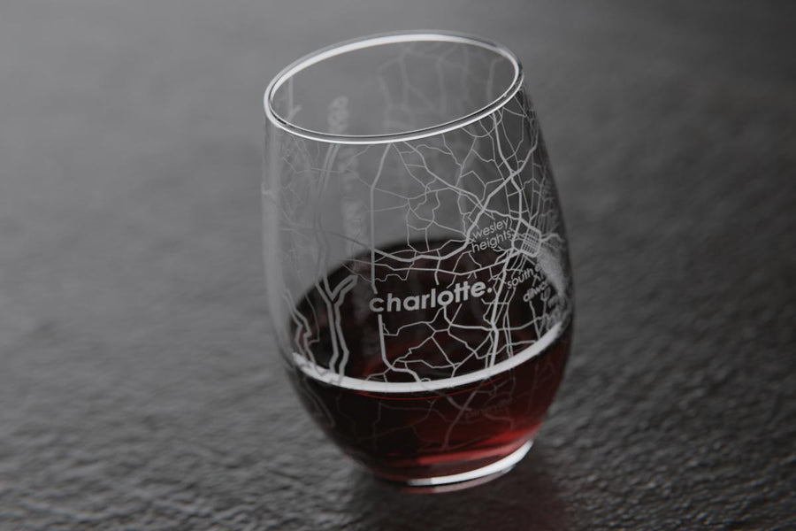 Charlotte NC Map Stemless Wine Glass