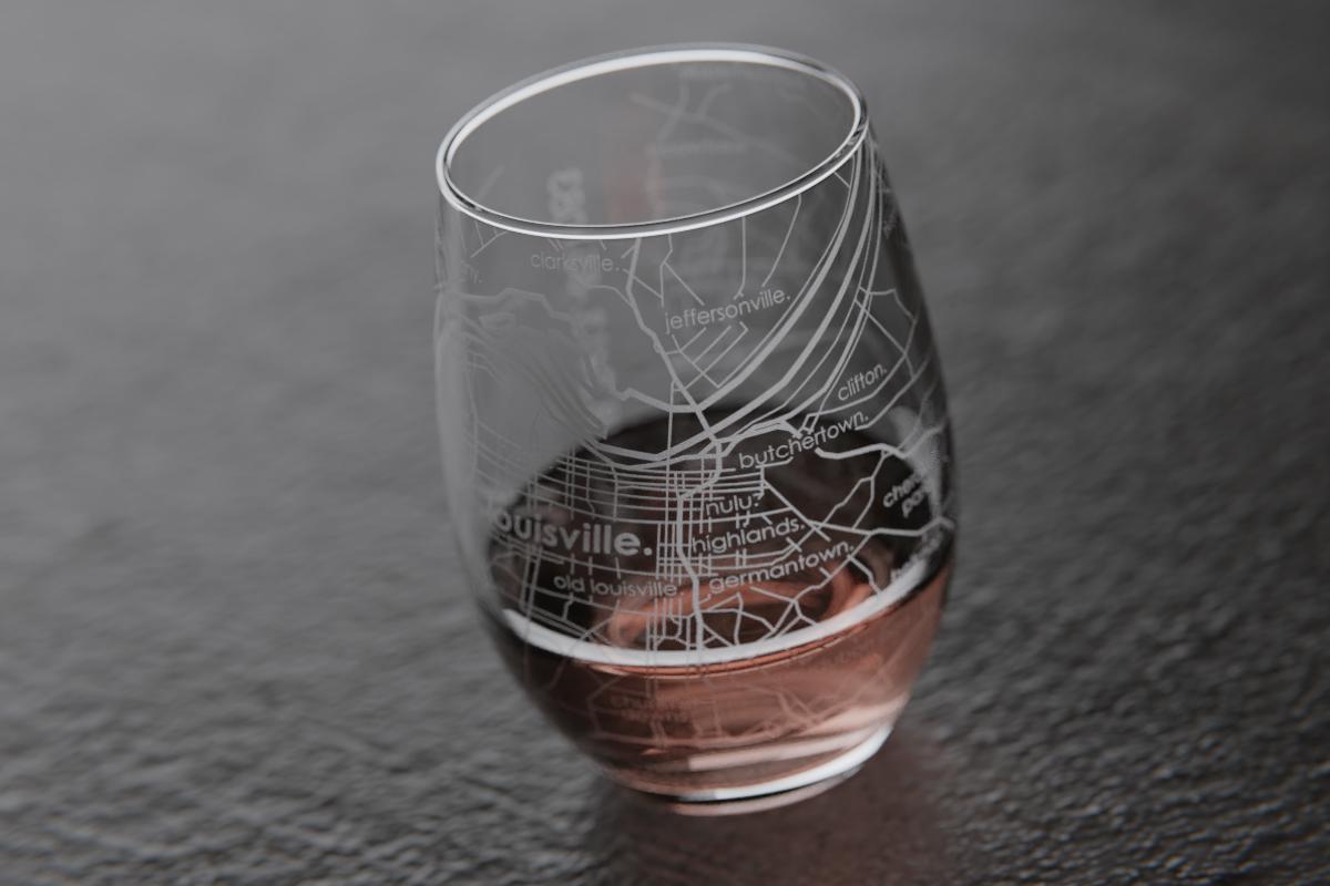 Louisville KY Map Stemless Wine Glass