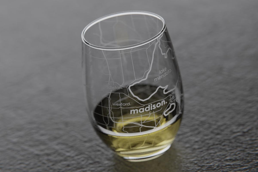 Madison WI Map Stemless Wine Glass