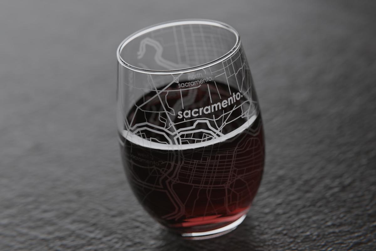 Sacramento CA Map Stemless Wine Glass