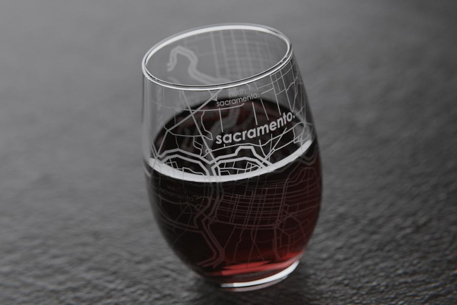 Sacramento CA Map Stemless Wine Glass